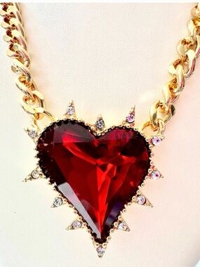 Betsey Johnson Chain Necklace with Spiked Red Heart Pendant